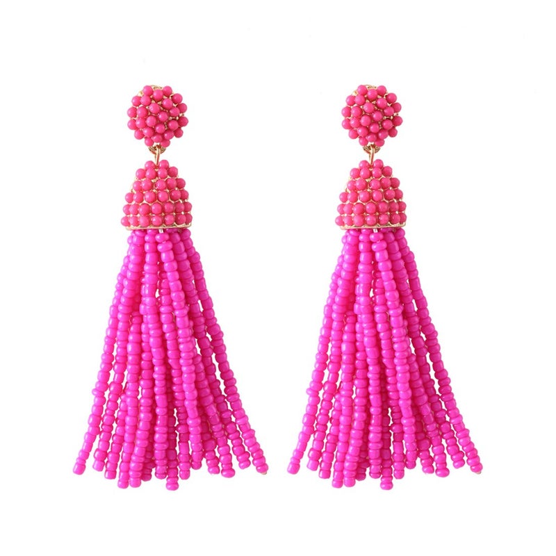 NLCAC Women's Beaded tassel earrings Long Fringe Drop Earrings Dangle Fuchsia - Image 1